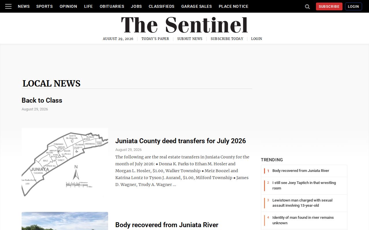 Juniata County arrest news source, The Sentinel local-news section